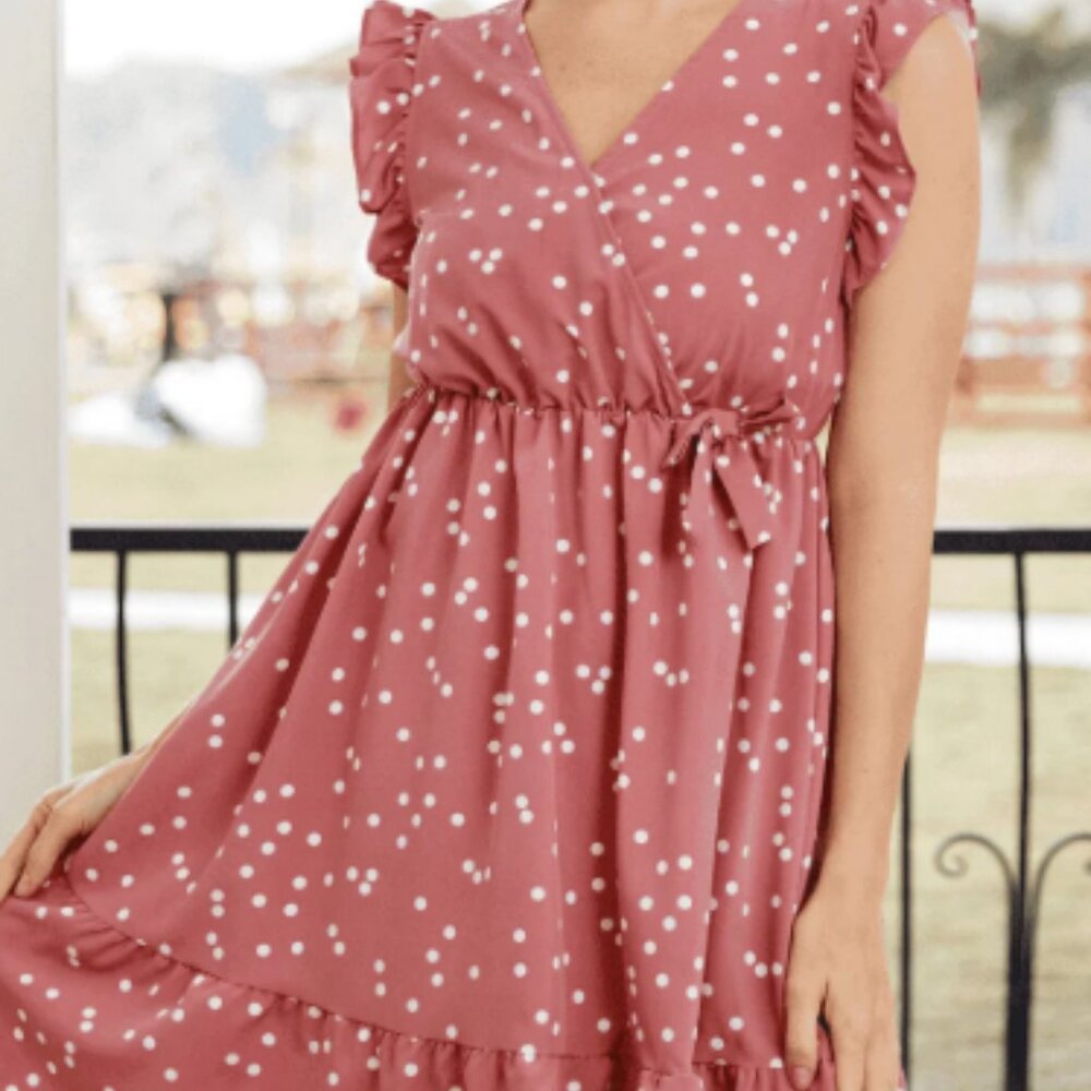 Pink and White Dots Cross Wrap V Neck Ruffle Flutter-sleeve Dress  - Medium